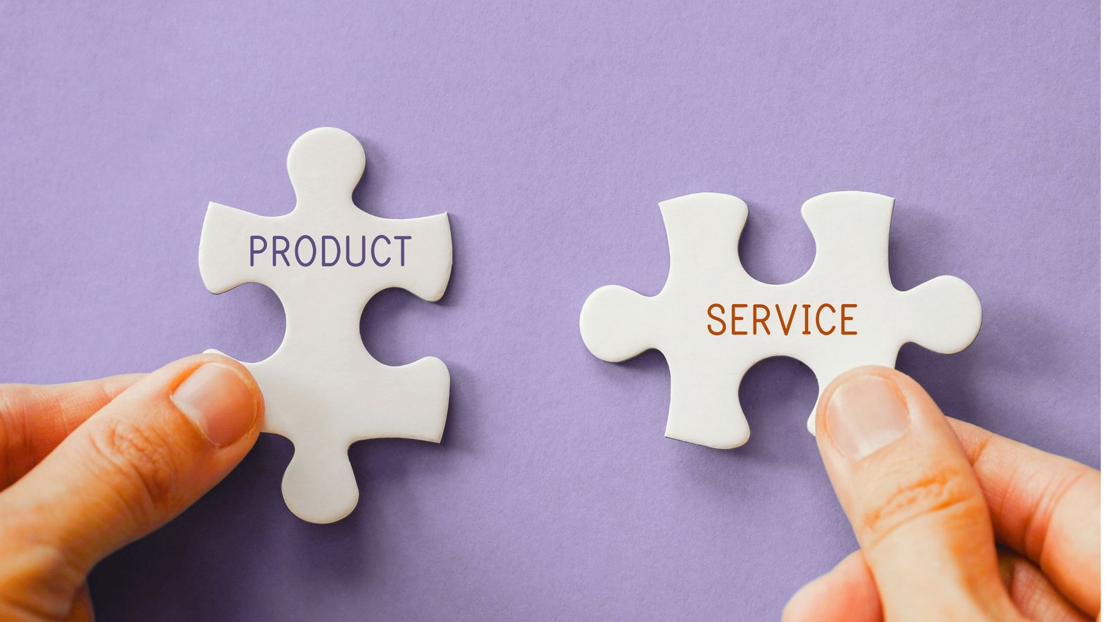 light purple background with fingers holding two white puzzle pieces separate. One reads Product and the other Services.
